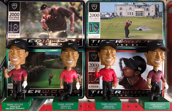 Upper Deck Collectibles Tiger Wood Grand Slam Set of 4 Bobbleheads with 4 Collectors Tins of Golf Balls