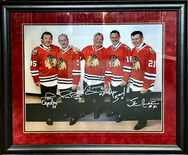Chicago Blackhawks Framed 16x20 Photo Autographed by Tony Esposito, Pierre Pilotte, Bobby Hull, Dennis Savard, Stan Mikita with COA