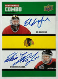 2025-26 Upper Deck Chicago Blackhawks Centennial Ed Belfour & Dominik Hasek Combo Signatures Autograph Card Serial Numbered 09/25