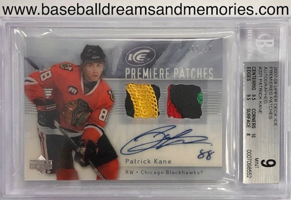 2007-08 Upper Deck Patrick Kane Ice Premiere Patches Autograph Dual Patch Rookie Card Serial Numbered 09/10 Graded BGS MINT 9 10 AUTO