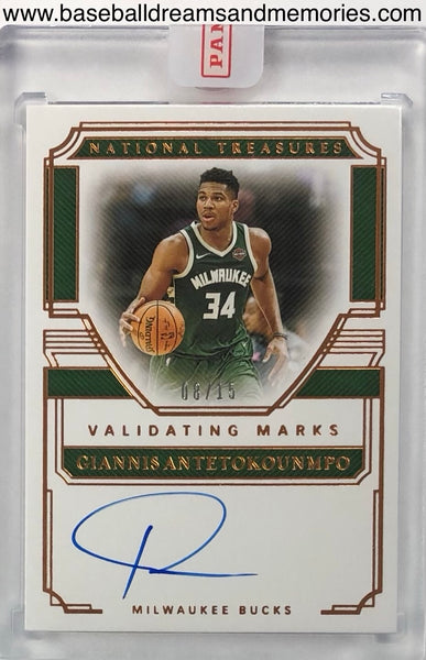 2019-20 Panini National Treasures Giannis Antetokounmpo Validating Marks Autograph Card Serial Numbered 08/15