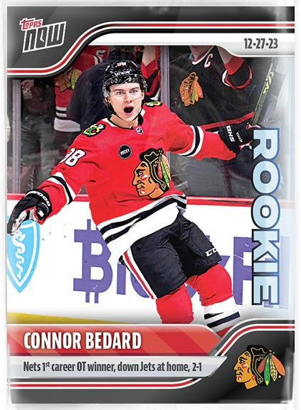 2023-24 Topps Now Hockey Connor Bedard Exclusive Rookie Sticker #72 "Nets 1st Career OT winner, Down Jets At Home, 2-1"