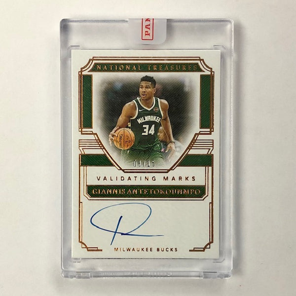 2019-20 Panini National Treasures Giannis Antetokounmpo Validating Marks Autograph Card Serial Numbered 08/15