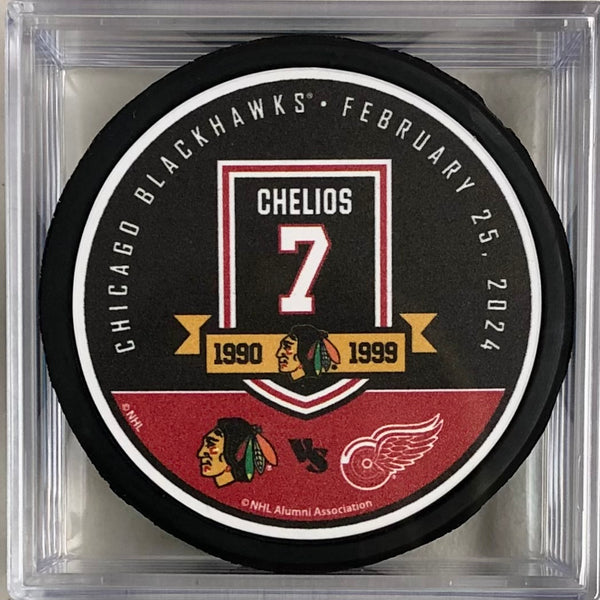 Chicago Blackhawks vs Detroit Redwings Match Up Puck in Display Case - Chris Chelios Jersey Retirement Night February 25, 2024