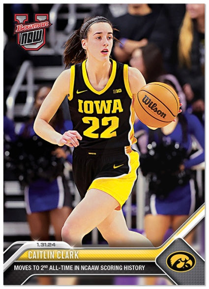 2023 Topps Bowman University Now Caitlin Clark 1.31.24 "Moves To 2nd All Time In NCAAW Scoring History" Card