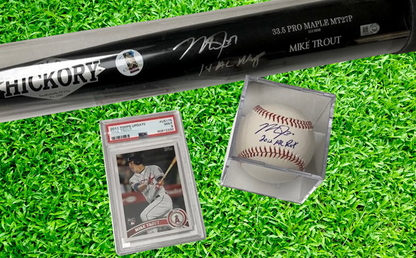 Mike Trout Signed Inscribed 14 AL MVP Bat, Signed Inscribed 2012 AL ROY Baseball, & 2011 Topps Update Rookie Card Graded MINT PSA 9