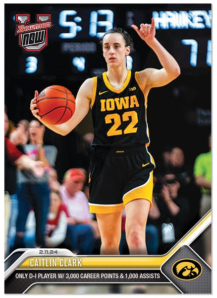 2023 Topps Bowman University Now Caitlin Clark 2.11.24 "Only D-1 Player w/3,000 Career Points & 1,000 Assists" Card