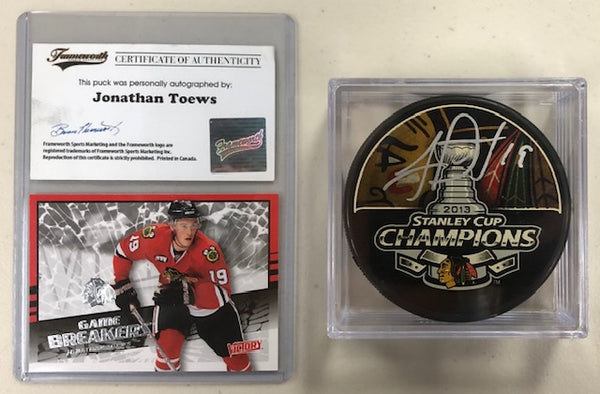 2013 Stanley Cup Champions Jonathan Toews Signed Autographed Puck with COA & Trading Card