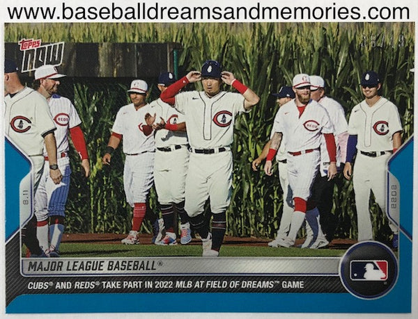 2022 Topps Now Major League Baseball "CUBS AND REDS TAKE PART IN 2022 MLB AT FIELD OF DREAMS GAME" Blue Parallel Card Serial Numbered 38/49