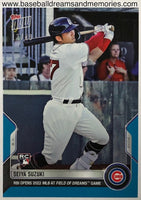 2022 Topps Now Seiya Suzuki "RBI OPENS 2022 MLB AT FIELD OF DREAMS GAME" Blue Parallel Rookie Card Serial Numbered 13/49