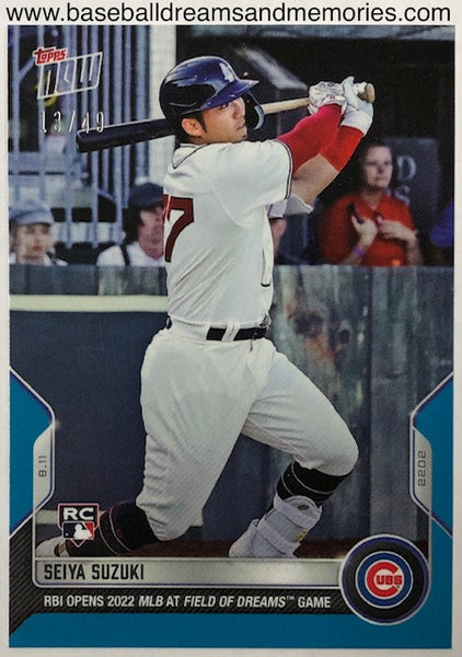 2022 Topps Now Seiya Suzuki "RBI OPENS 2022 MLB AT FIELD OF DREAMS GAME" Blue Parallel Rookie Card Serial Numbered 13/49