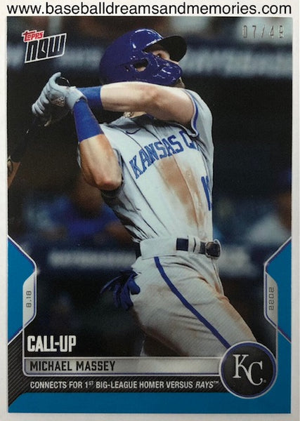2022 Topps Now Michael Massey "CONNECTS FOR 1ST BIG-LEAGUE HOMER VERSUS RAYS" Call-Up Blue Parallel Card Serial Numbered 07/49