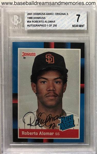 2001 Donruss Anniversary Originals 1988 Donruss Roberto Alomar Autographed Rated Rookie Card 1 of 250 Graded BGS Near Mint 7