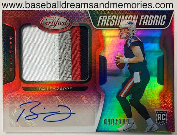 2022 Panini Certified Bailey Zappe Freshman Fabric Rookie Autograph Patch Card Serial Numbered 090/149