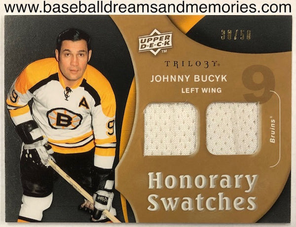 2009-10 Upper Deck Trilogy Johnny Bucyk Honorary Swatches Dual Jersey Card Serial Numbered 38/50