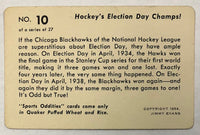 1954 Sports Oddities Chicago Blackhawks Hockey's Election Day Champs Card