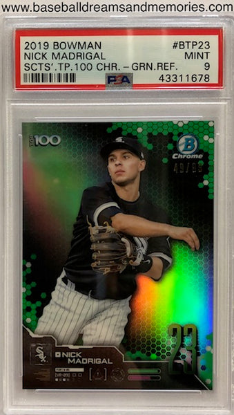 2019 Bowman Nick Madrigal Scouts Top 100 Green Refractor Card Serial Numbered 49/99 Graded PSA MINT 9