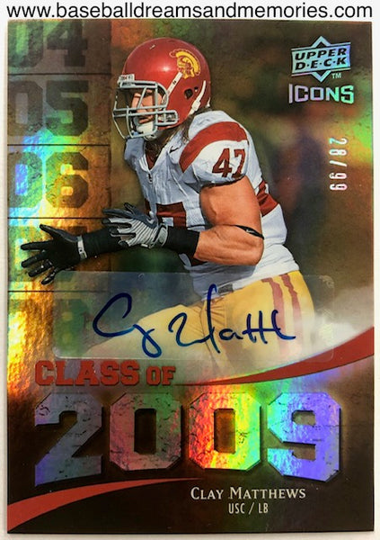 2009 Upper Deck Icons Clay Matthews Class Of 2009 Autograph Card Serial Numbered 28/99