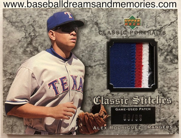 2003 Upper Deck Classic Portraits Alex Rodriguez Classic Stitches Jersey Patch Card Serial Numbered 59/99