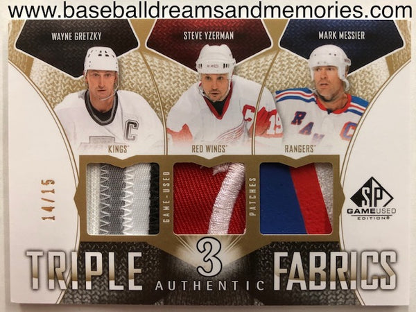 2009-10 Upper Deck SP Game Used Wayne Gretzky, Steve Yzerman, Mark Messier Triple Fabrics Jersey Patch Card Serial Numbered 14/15