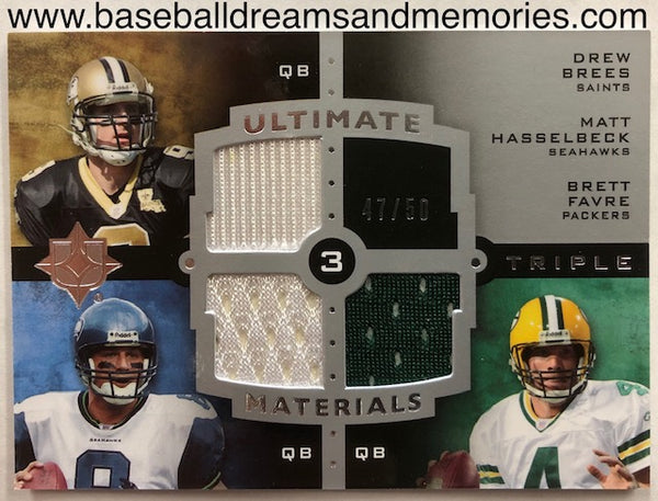 2007 Upper Deck Ultimate Collection Drew Brees, Matt Hasselbeck, Brett Favre Triple Jersey Card Serial Numbered 47/50