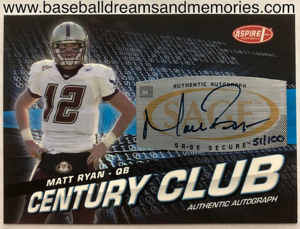2008 Sage Aspire Matt Ryan Century Club Autograph Card Serial Numbered 51/100