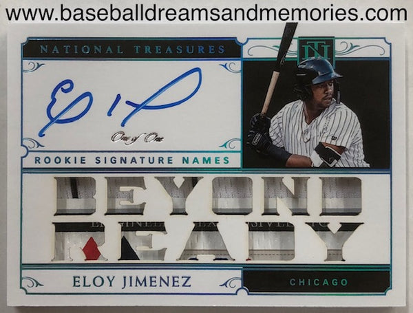 2019 Panini National Treasures Eloy Jimenez Rookie Signature Names Autograph Jersey Patch Tag Serial Numbered One of One 1/1