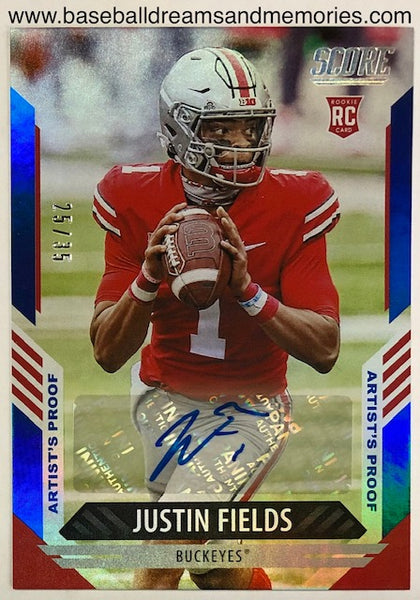 2021 Panini Score Justin Fields Artist's Proof Blue Autograph Card Serial Numbered 25/35
