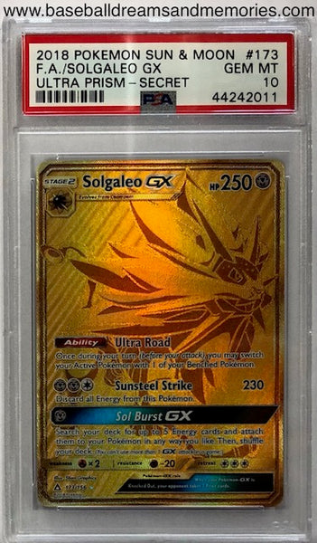 2018 Pokemon Sun & Moon Full Art Solgaleo GX Ultra Prism Secret Rare Card Graded PSA GEM MT 10