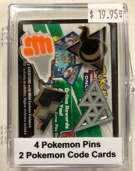 4 Pokemon Gym Logo Pins & 2 Pokemon Code Cards