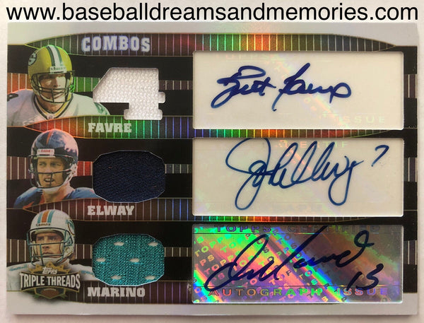 2006 Topps Triple Threads Brett Favre, John Elway, Dan Marino Triple Jersey Autograph Card Serial Numbered 15/27